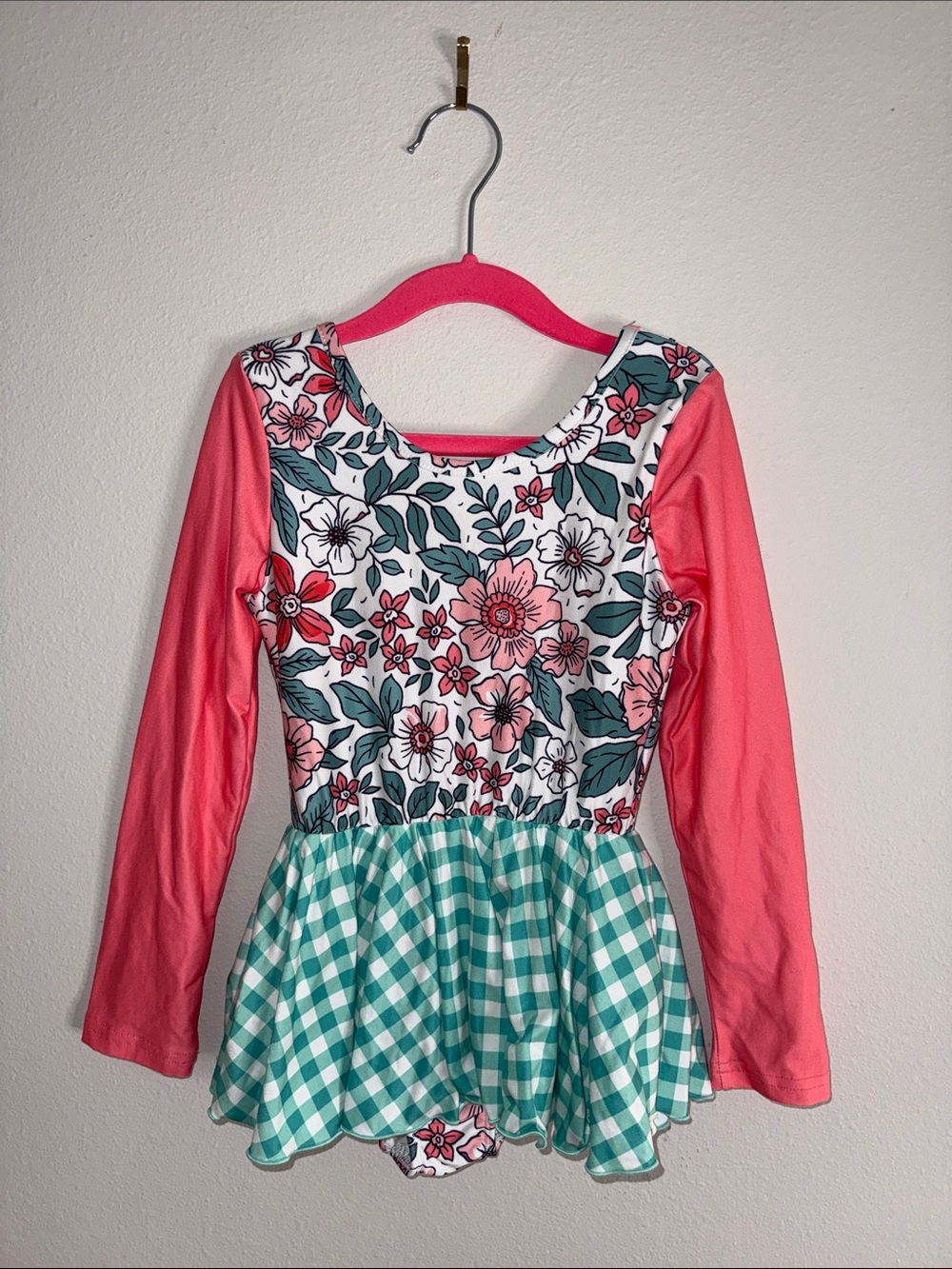 cheeky plum Coral Sleeved Floral Bodice with Teal Gingham Skirt Kids One-Piece